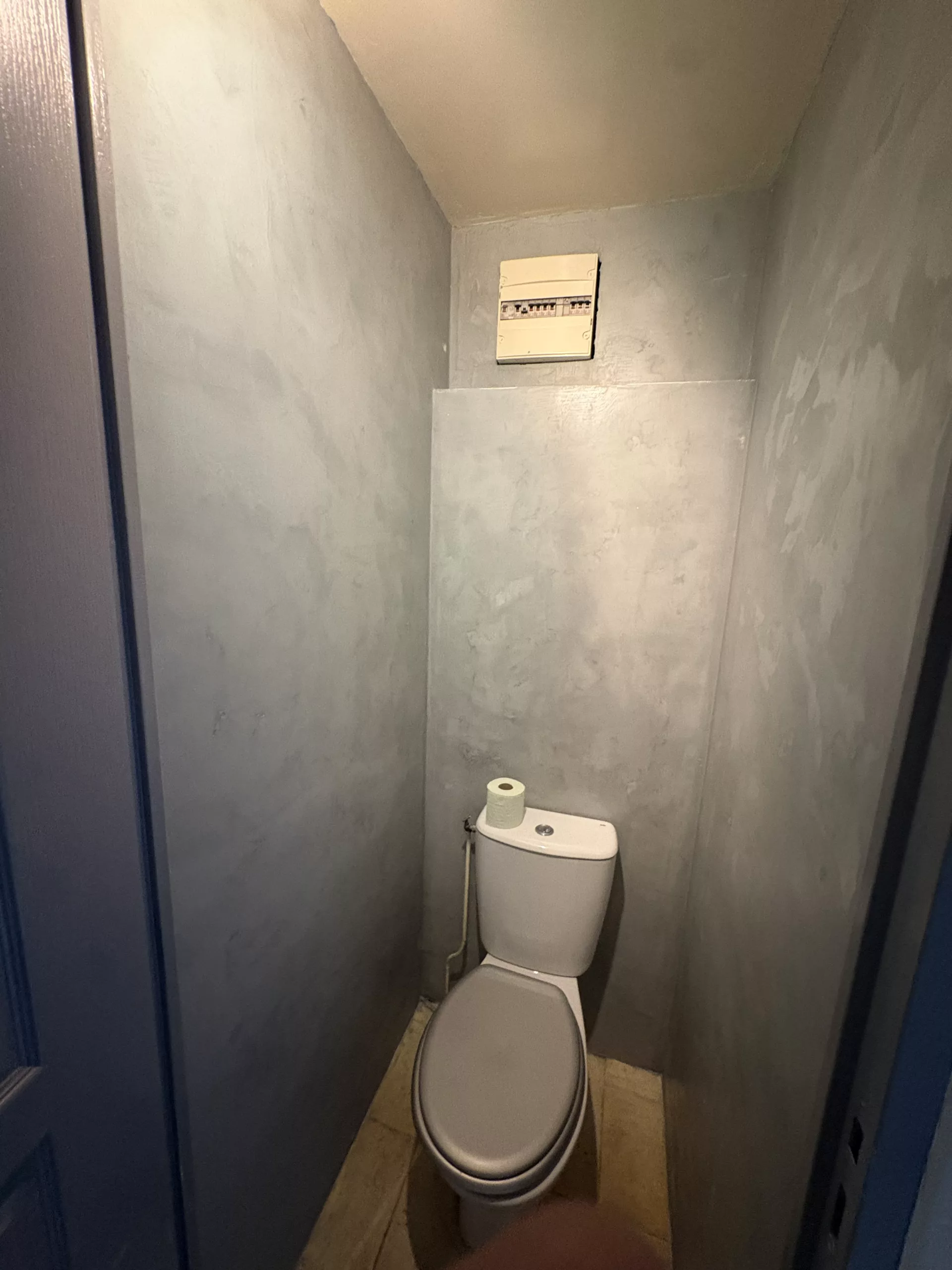 Après rénovation : murs de WC en béton ciré gris aux effets nuancés